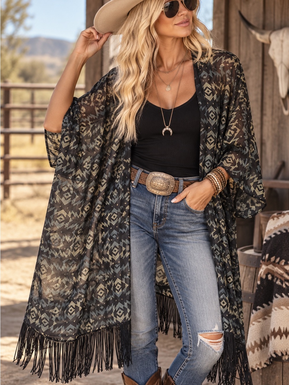 LuLaRoe Black Geometric Fringe Kimono